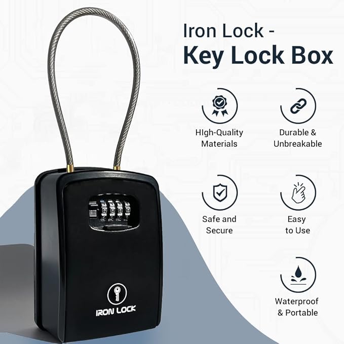 Iron Lock® XXL Portable Key Lock Box and Wall Mounted with Removable Cable Shackle Waterproof Indoor Outdoor 4 Digit Combo Resettable Code with A B Switch Extra Large Key Lockbox Outside (XXL, Black)
