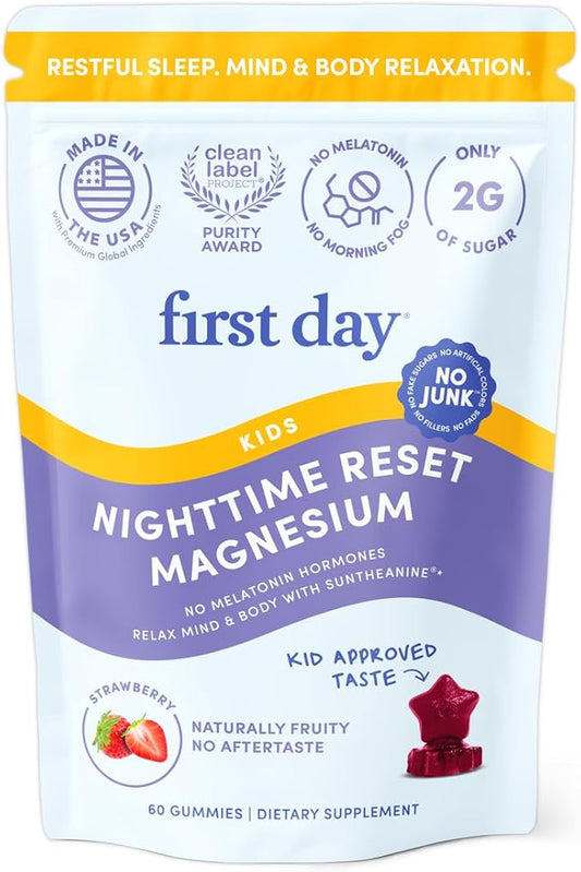 FIRST DAY Kids Magnesium Citrate Gummies (Ages 4+) with No Melatonin | Calm Kids Magnesium Gummies | Bedtime Supplement for Better Sleep with Suntheanine® L-Theanine | Strawberry | 30-Days Supply