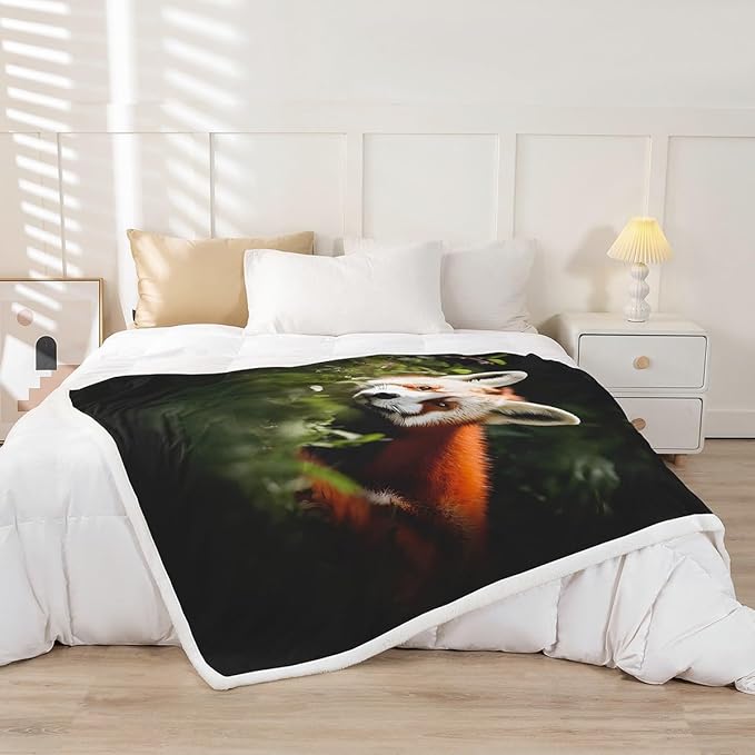 Raccoon Sherpa Blanket Red Panda Plush Blanket Tree Green Leaves Fleece Throw Blanket for Sofa Couch Bed 3D Wild Animal Pattern Fuzzy Blanket Ultra Soft Room Decor 40x50 Inch