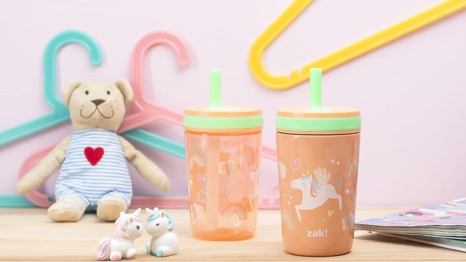Zak Designs Unicorn Kelso Tumbler Set,Leak-Proof Screw-On Lid with Straw, Bundle for Kids Includes Plastic and Stainless Steel Cups with Bonus Sipper, 3pc Set, Non-BPA