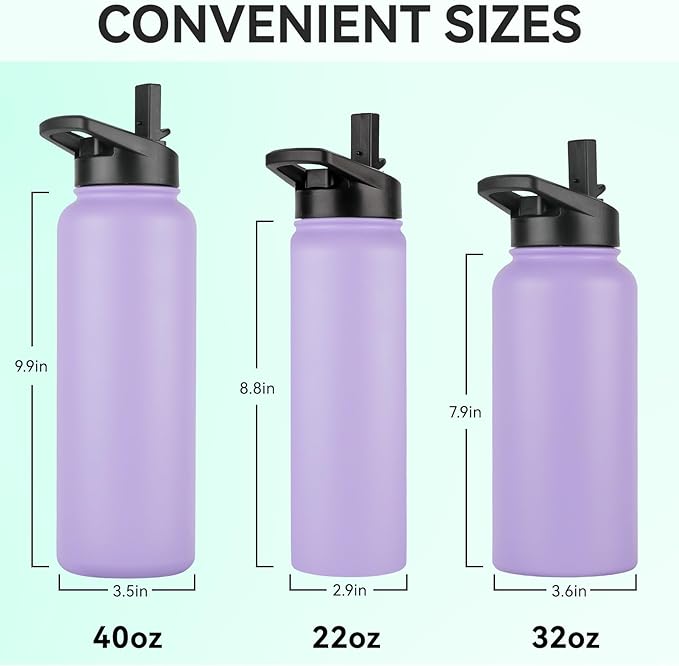 DOMICARE 40 oz Insulated Water Bottle, Vacuum Insulated Stainless Steel Sports Water Bottle with Straw Lid & Spout Lid, Leakproof, Reusable - Travel, Camping, Bike, Purple