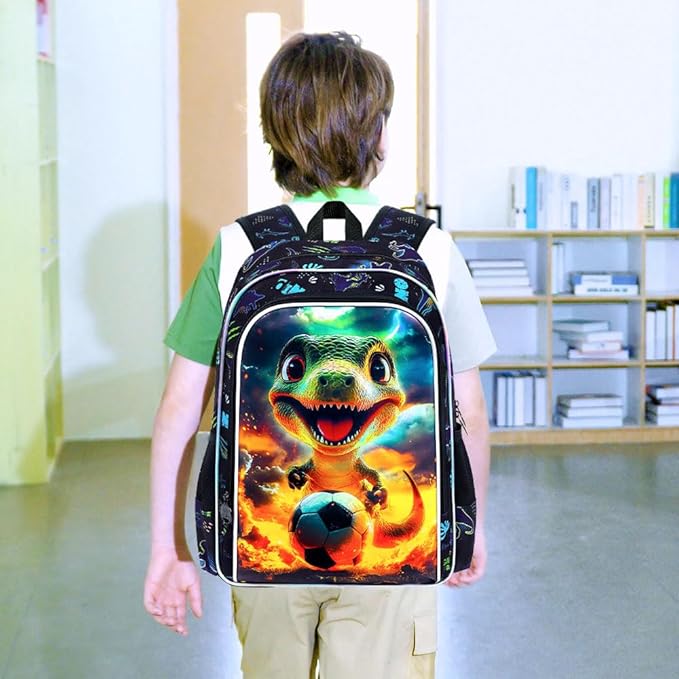3Pcs Dinosaur Backpack for Boy, 16" Soccer Bookbag for Elementary Preschool Kindergarten, Kids School Backpacks with Lunch Box (Black)