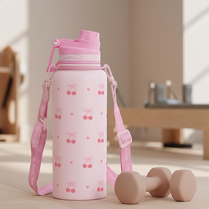 SANDJEST Cherry Stainless Steel Water Bottle with Strap 32oz, Insulated Bottles with Straw and Spout Lid for Gym Sports Travel Outdoor, Gifts for Women Girls Birthday Christmas