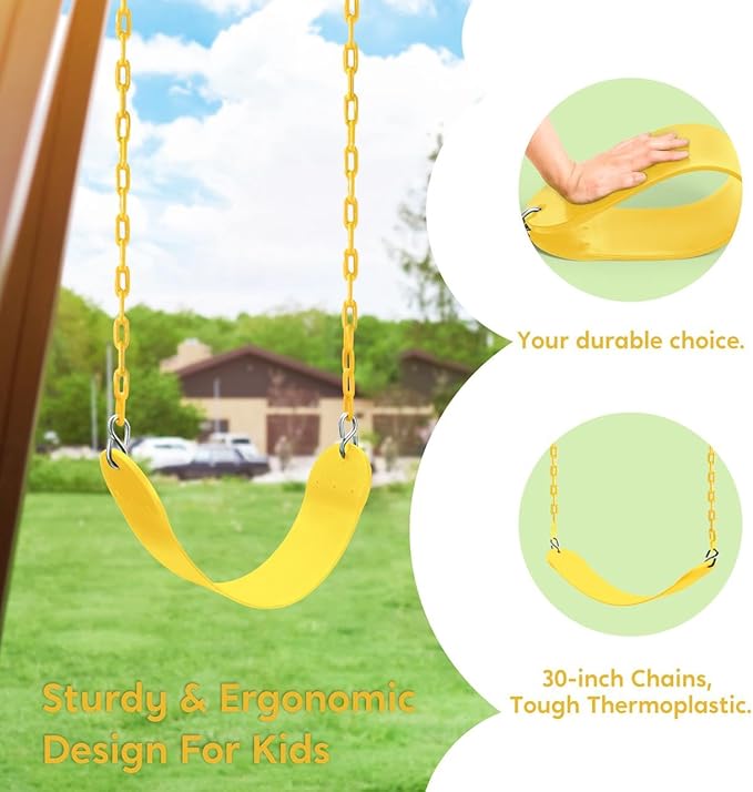 TURFEE Swing for Outdoor Swing Set - Pack of 1 Seat Replacement Kit with Heavy Duty Chains - Backyard Swingset Playground Accessories for Kids (Yellow)