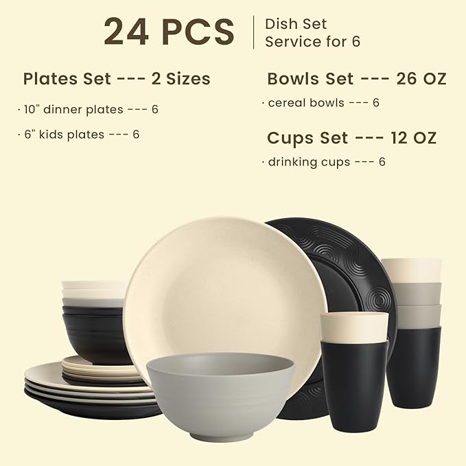 Homienly Wheat Straw Plates and Bowls Set, Lightweight & Unbreakable Dinnerware Set for Kitchen, Parties, Holidays, Microwave and Dishwasher Safe Dish Set - Plate Sets, Bowls, Cups, 24pcs (Grey Stone)