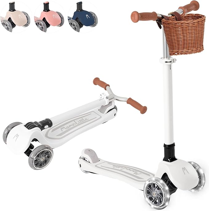 Kick Scooter for Kids Ages 3-10 (Beige/Pink/Navy/White) 3 Wheeled with LED Light-Up Wheels CPSC Certified Foldable and 4 Height Adjustable Toddler Scooters for Boys Girls