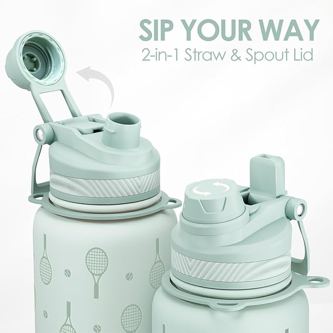 SANDJEST Tennis Stainless Steel Water Bottle with Strap 32oz, Insulated Bottles with Straw and Spout Lid for Gym Sports Travel Outdoor, Gifts for Women Girls Birthday Christmas