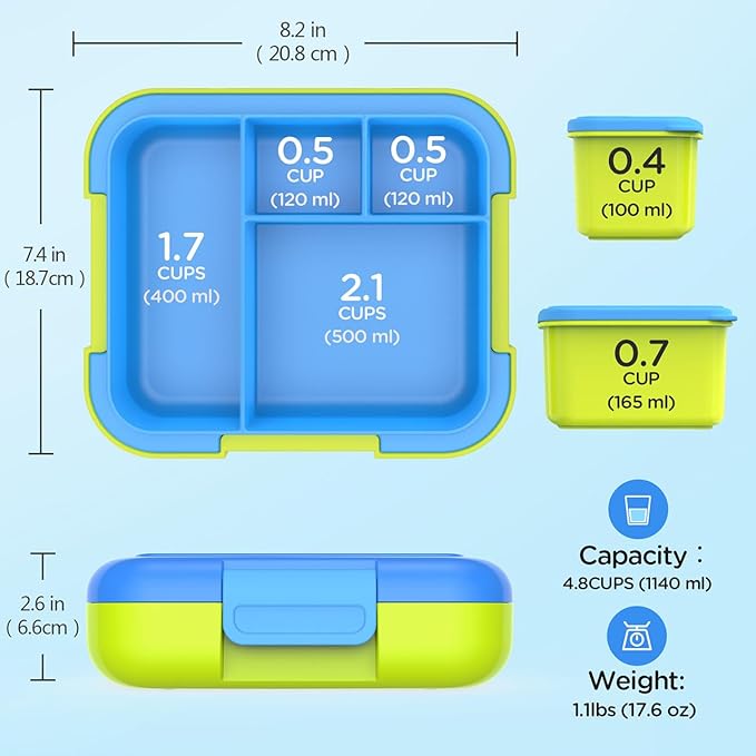 Caperci Bento Lunch Box for Kids - Large 4.8 Cups Lunch Container with 2 Modular Containers - 4 Compartments, Leak-Proof, Portable Handle, Microwave/Dishwasher Safe (Blue/Juicy Pear)