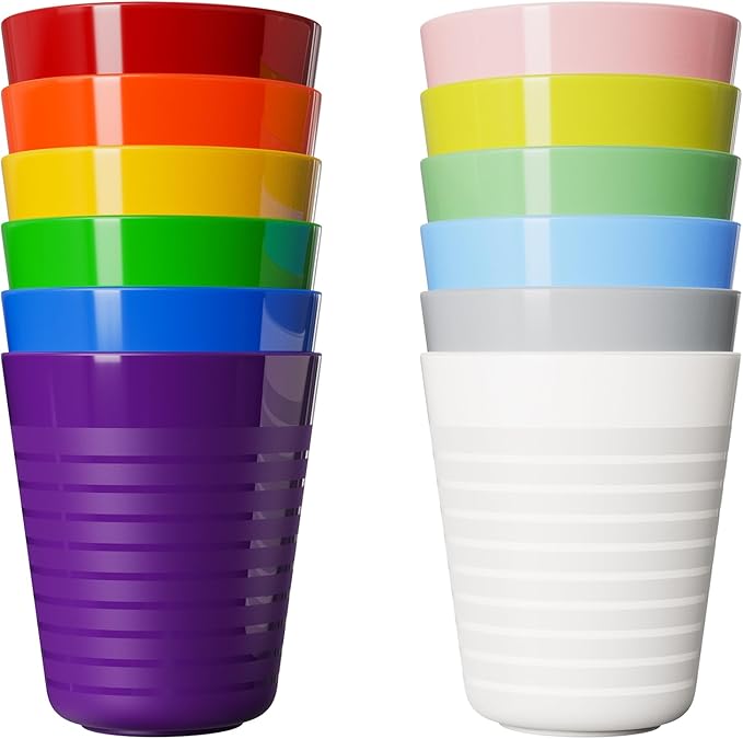 Set of 12 Kids Plastic Cups- 8 oz Children Drinking Cups Reusable Unbreakable Plastic Stackable Water Tumblers for Kids & Toddlers Bright Colored- Dishwasher and Microwave Safe