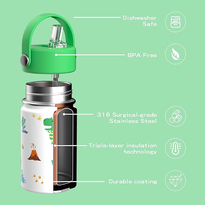 OISIZ Kids Water Bottle with Straw Lid 10oz, Vacuum Insulated 316 Stainless Steel Water Bottles for Kids for School, Leakproof Water Bottle, BPA Free and Keep Cold for 24 Hours
