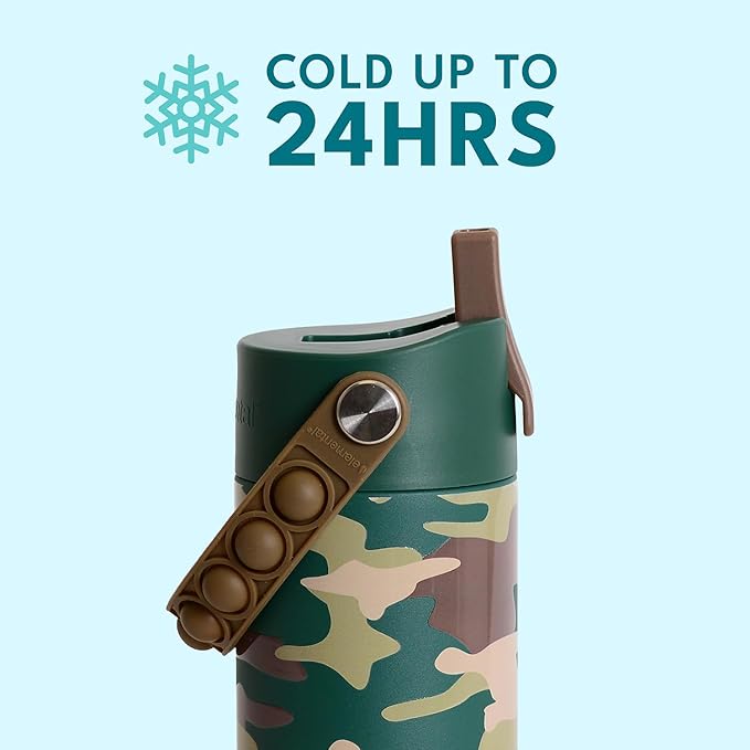 Elemental 100% Leak Proof When Spout is Closed Insulated Kids Water Bottle, Stainless Steel Bottle for School with Straw Lid & Pop-It Handle, Skater Dinos & Green Camo -18oz (2 Pack)