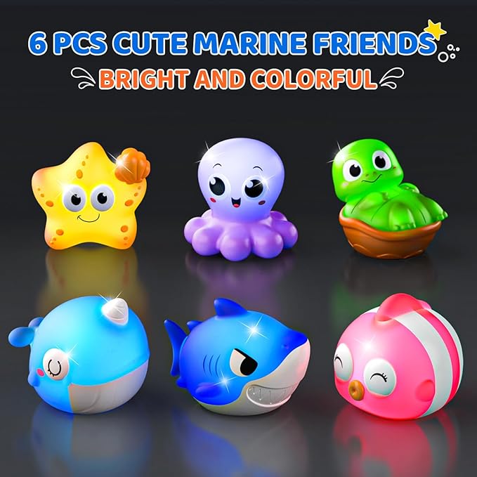 6 Packs Light Up Bath Toys for Kids Ages 1-3, Sea Animals Bathtub Toys for Baby 12-18 Months Toddlers 2-4, Water Pool Toys for 1 2 Year Old Boy Girl Gifts