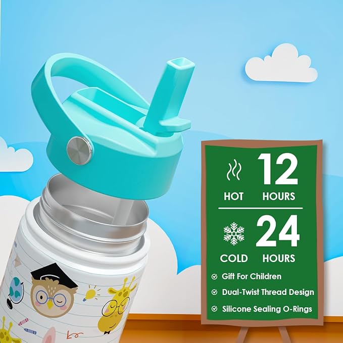 Animal Kids Water Bottle with Straw Lid 12oz Insulated Stainless Steel, Travel Tumbler, Gifts for Girls, Birthday, Christmas, Back to School