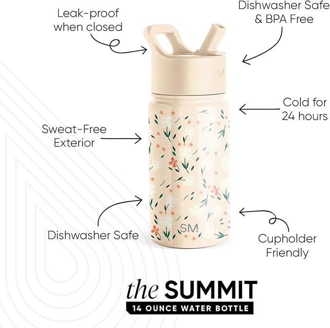 Simple Modern Kids Summit Water Bottle with Straw Lid | 14oz Stainless Steel Cup Insulated Tumbler for Toddlers, School | Chloe Floral