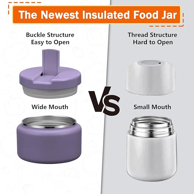 13.5oz Kids Jar for Hot Food, Insulated Vacuum Food Jar with Buckle Lid, Stainless Steel Wide Mouth Leak Proof Insulated Lunch Container for School Picnic Travel,Purple