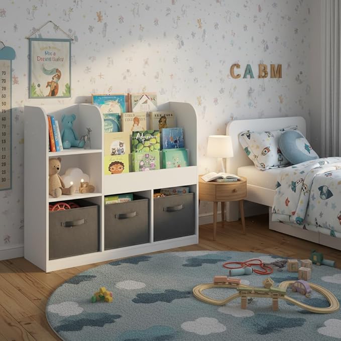 Kids Bookshelf, Wooden Kids Bookcase with 3 Storage Bins for Toy Storage, 4-Tier Shelf for Books & Reading, Multifunctional Toy Box with Bookshelf for Nursery & Bedroom Organization