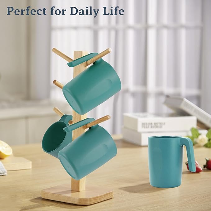 16oz Wheat Straw Cups with handles set of 6-Plastic Cups Reusable-Unbreakable Kids Mugs-Dishwasher Safe & Microwave Safe-Ideal Plastic Mugs for Tea,Coffee,Camping,RV-Green