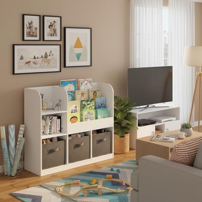 Kids Bookshelf, Wooden Kids Bookcase with 3 Storage Bins for Toy Storage, 4-Tier Shelf for Books & Reading, Multifunctional Toy Box with Bookshelf for Nursery & Bedroom Organization