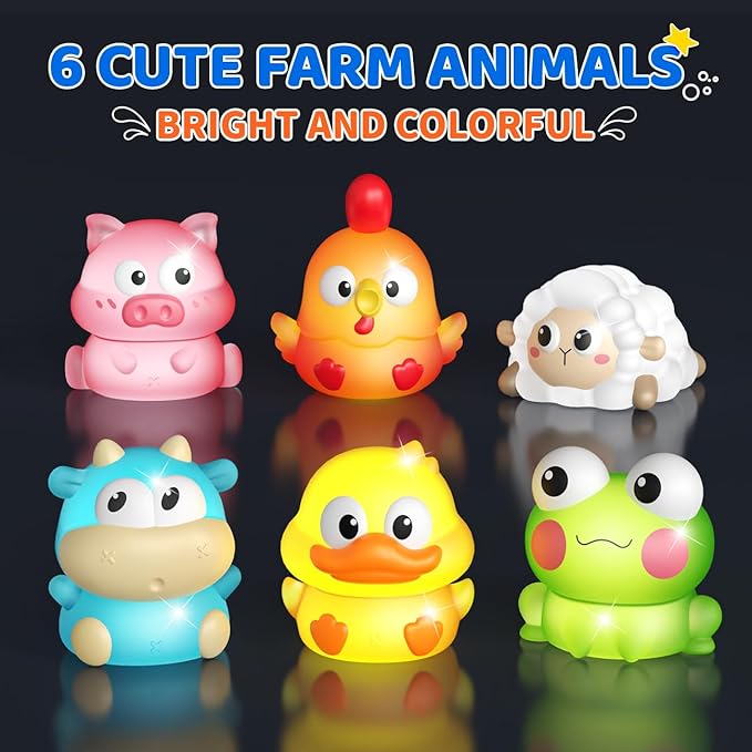 6 Packs Light Up Bath Toys for Kids Ages 1-3, Farm Animals Bathtub Toys for Toddlers 2-4, Water Pool Toys for 1 2 3 Year Old Boys Girls Babies 12-18 Months Gifts
