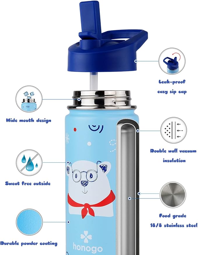 16 oz Stainless Steel Insulated Kids Water Bottle, Leak Proof Metal Thermal Flask with Straw lid, Cute Toddler Tumbler Cup for School Girls & Boys (Blue, Bear)