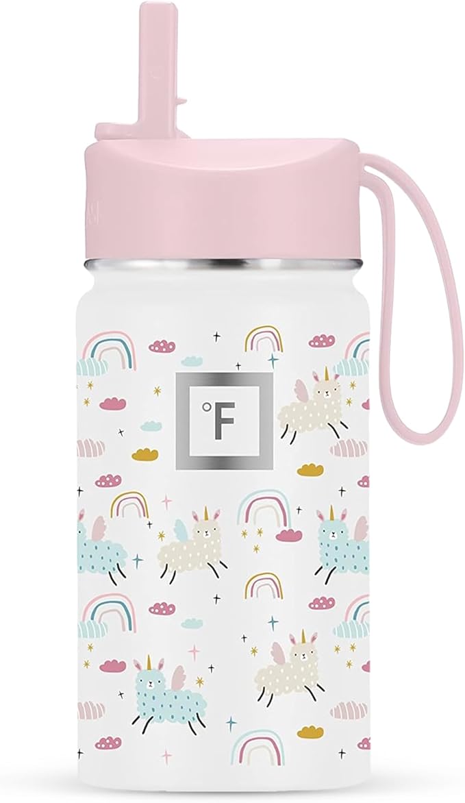 IRON °FLASK Kids Water Bottle - Straw Lid, 20 Name Stickers, Vacuum Insulated Stainless Steel, Double Walled Tumbler Travel Cup, Thermos Mug - Lama Rainbows, 14 Oz
