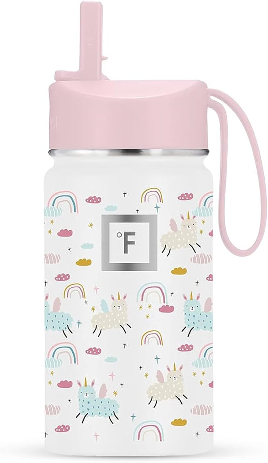 IRON °FLASK Kids Water Bottle - Straw Lid, 20 Name Stickers, Vacuum Insulated Stainless Steel, Double Walled Tumbler Travel Cup, Thermos Mug - Lama Rainbows, 14 Oz