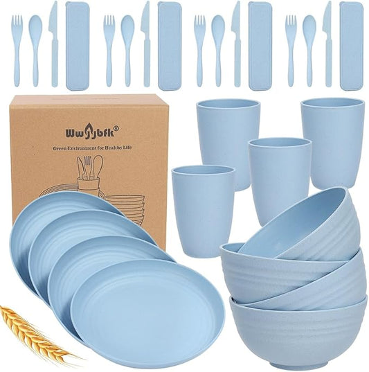 Wheat Straw Dinnerware Sets for 4, Wheat Straw Plates and Bowls Sets Kitchen Dishes 28pcs College Dorm Room Essentials Cutlery Set Microwave Safe (Blue)