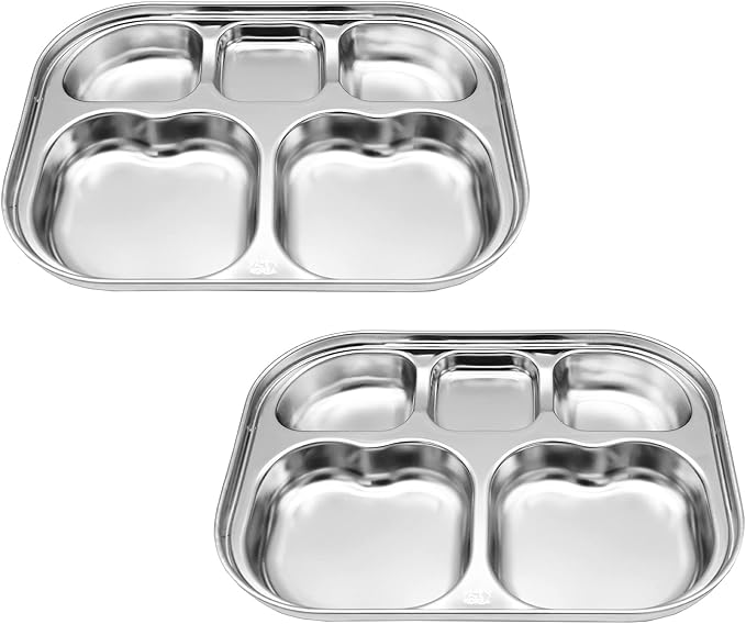 Korean Stainless Steel Divided Plates by KS&E, Little Kids Toddlers Babies small Tray, BPA Free, Diet Food Control, Compact Serving Platter, Snack, 5 Compartment Plate Silver, Set of 2
