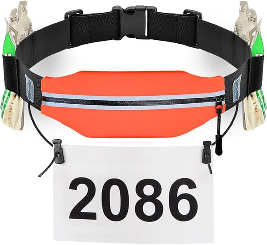 RJ-Sport Triathlon Belt with Pouch - Race Number Bib Holder with 6 Gel Loops, Ideal for Running, Cycling & Marathon (Orange)