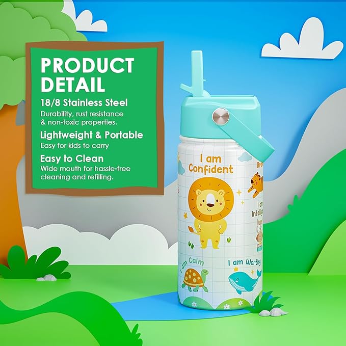 Animal Water Bottle 12oz for Kid Stainless Steel with Straw Lid, Kids Water Bottle, Travel Tumbler, Inspiration Gifts for Girls Boys, Birthday Christmas Back To School