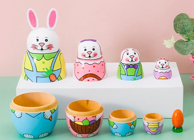 Cute Cartoon Rabbit Nesting Dolls Wooden Matryoshka Russian Doll Handmade Stacking Toy Set 5 Pieces for Kids