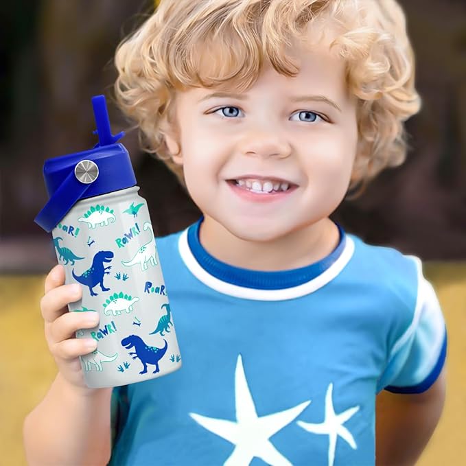 SANDJEST Dinosaur 12 oz Insulated Stainless Steel Water Bottle with Straw Lid - Thermos for Kids & Teens - School, Sports, Travel Cup