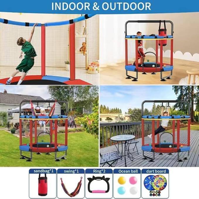 Trampoline for Kids, Upgrade Full Anti-Rust 440lbs Indoor Outdoor Toddler Trampoline with Net, 55" Adjustable Baby Toddler Trampolines Accessories with 8 Toys Dart Board