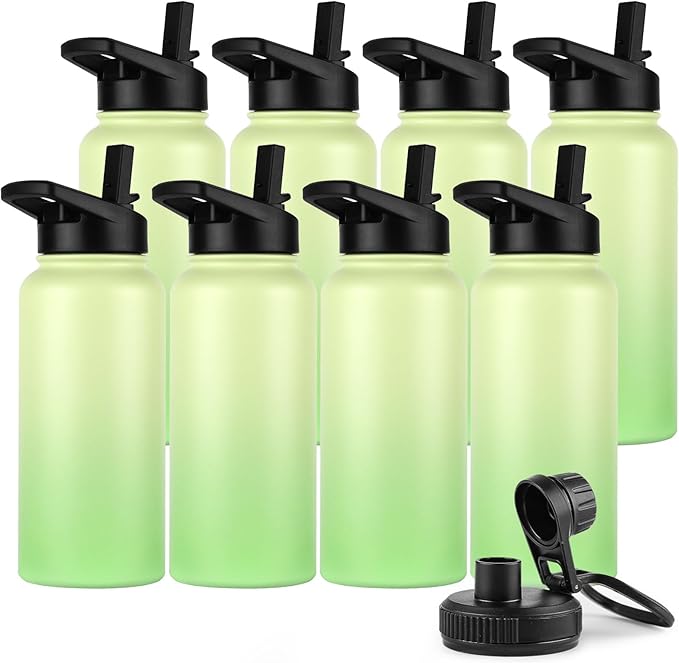 DOMICARE 32 oz Insulated Water Bottle Bulk, Vacuum Insulated Stainless Steel Sports Water Bottle with Straw Lid & Spout Lid, Leakproof, Reusable - Travel, Camping, Bike, Green Gradient (8 Pack)