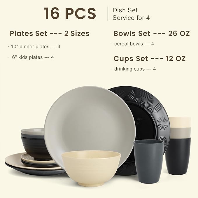 Homienly Wheat Straw Dinnerware Set - Dinner Plates, Cereal Bowls, Drinking Cups Set, Unbreakable 16 PCS Dish Set, Microwave and Dishwasher Safe Dishes for Home, Outdoor - Grey Stone