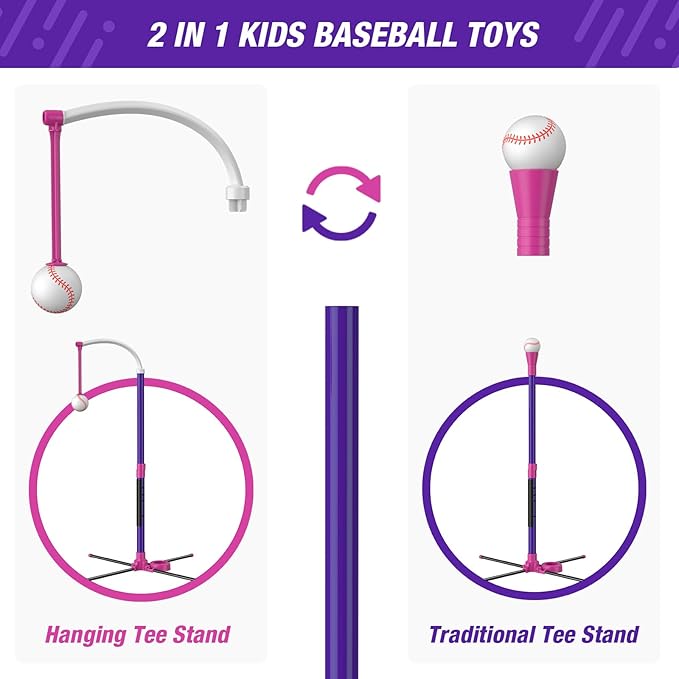 Baseball Set - 3 Ways to Play, Adjustable Height, Easy to Assemble, Safe & Sturdy, Ideal Sport Gift for Kids