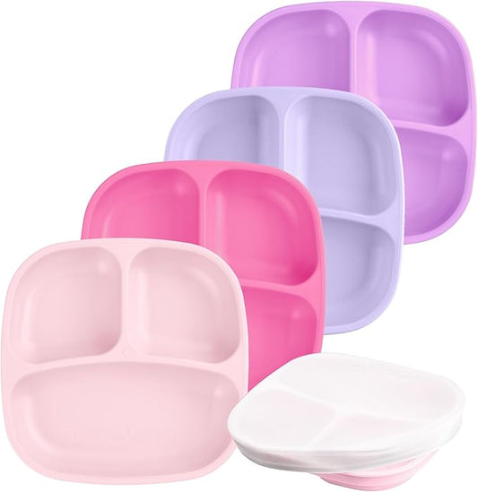 Re-Play Toddler Plates with Dividers & Silicone Lid - Deep-Walled 3 Compartments Divided Plates for Kids - Dishwasher/Microwave Safe - Made in USA - Set of 4-7.37" x 7.37" x 1.25" - Princess
