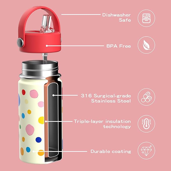 OISIZ Kids Water Bottle with Straw Lid 14oz, Vacuum Insulated 316 Stainless Steel Water Bottles for Kids for School, Leakproof Water Bottle, BPA Free and Keep Cold for 24 Hours