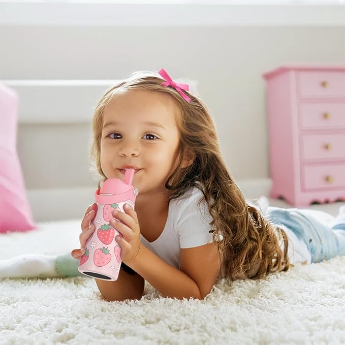 Strawberry Kids Water Bottle with Straw Lid 12oz Insulated Stainless Steel, Travel Tumbler, Gifts for Girls, Birthday, Christmas, Back to School