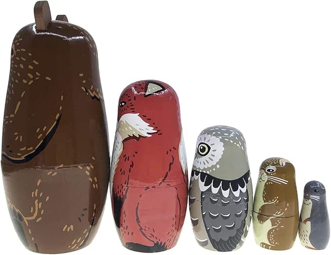 Nesting Dolls-Brown Cartoon Owl Bear Fox Raccoon Russian Nesting Dolls Wooden Matryoshka Doll Handmade Stacking Toy Set 5 Pieces for Kids