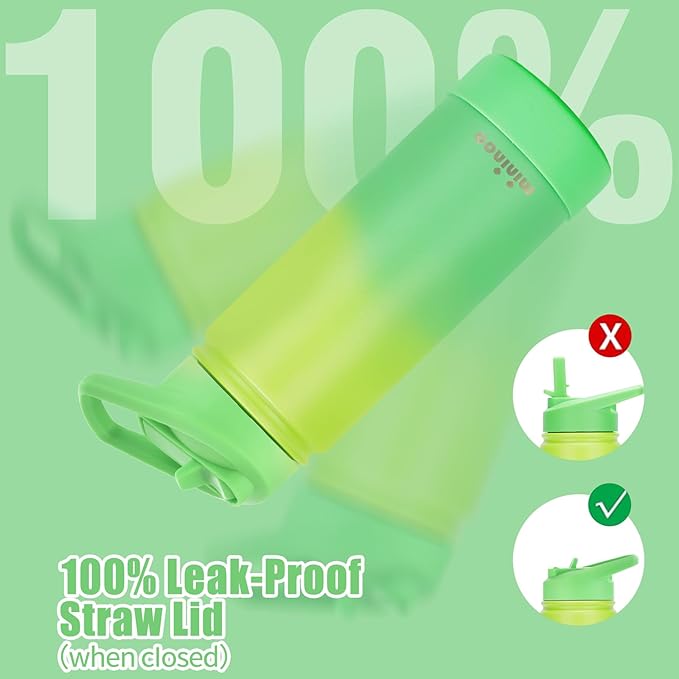 mininoo Kids Water Bottle for School, 16oz Stainless Steel Insulated Water Bottle Kids with Straw Lid for Girls, Boys (Lemon/Green)