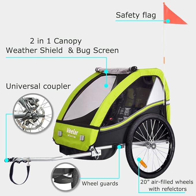 Veelar Sports Bike Trailer Double Seat for 1 or 2 Toddlers, Kids, Child Bicycle Carrier