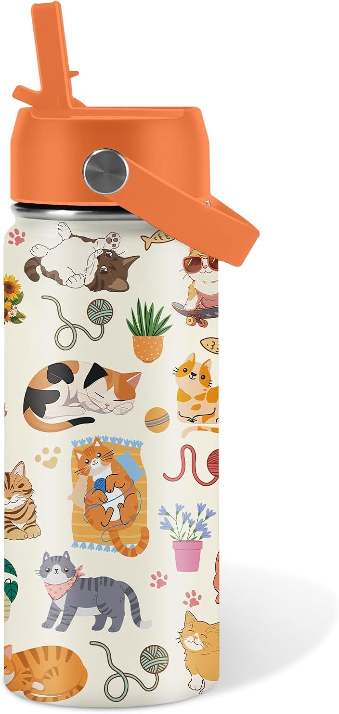 Cat Gifts for Kids - 16 Oz Orange Cat Water Bottle with Straw Lid, Stainless Steel Insulated Tumbler, Leak Proof, for Boys & Girls, School, Travel - Funny Cats Lovers Children Birthday Gifts Cups(1pc)