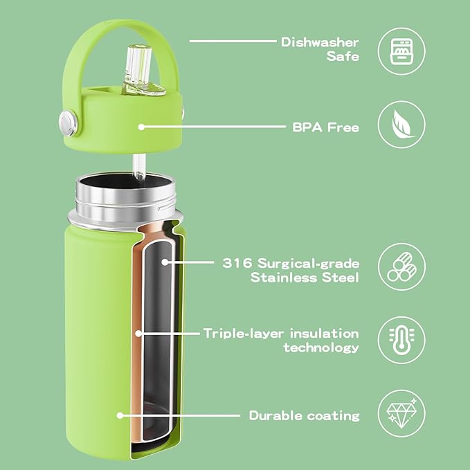 OISIZ Kids Water Bottle with Straw Lid 14oz, Vacuum Insulated 316 Stainless Steel Water Bottles for Kids for School, Leakproof Water Bottle, BPA Free and Keep Cold for 24 Hours