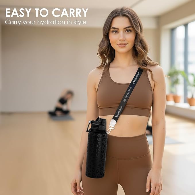 Black Leopard Skin Stainless Steel Water Bottle with Strap 32oz, Insulated Bottles with Straw and Spout Lid for Gym Sports Travel Outdoor, Gifts for Women Girls Birthday Christmas