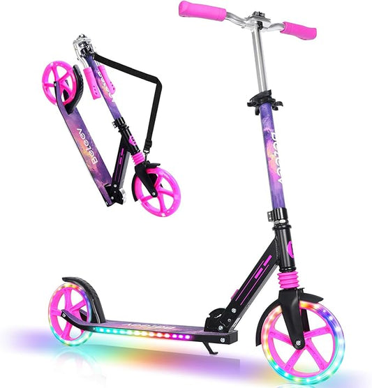 BELEEV V5 Plus Scooters for Kids Ages 6+, Teens with Light-Up Wheels & Deck, 2 Wheel Folding Lightweight Sport Scooter with 4 Adjustable Height, 8-inch Big Wheels, Carry Strap, Max Load 220 lbs