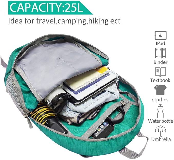 ZOMAKE 25L Ultra Lightweight Packable Backpack, Foldable Hiking Backpacks Water Resistant Small Folding Daypack for Travel(Dark Green)