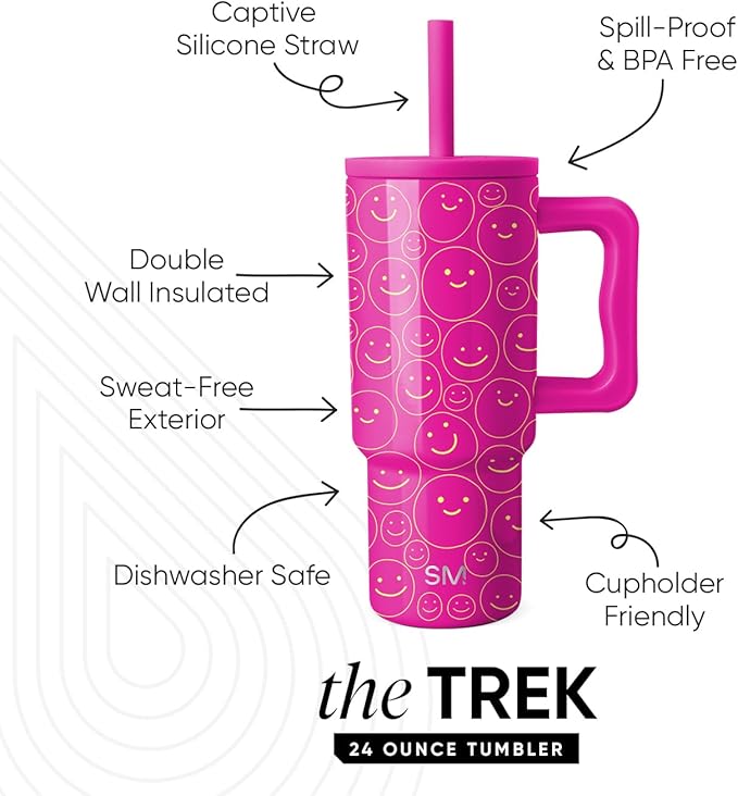 Simple Modern Kids 24 oz Tumbler with Handle and Silicone Straw Lid | Spill Proof and Leak Resistant | Reusable Stainless Steel Bottle | Gift for Kids Boys Girls | Trek Collection | Happy Days