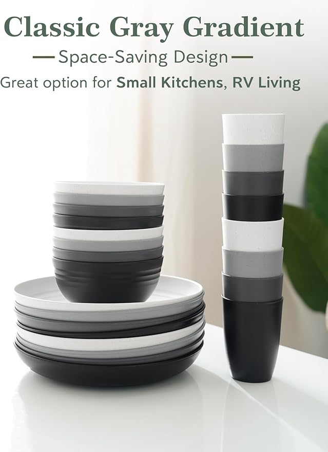 12 OZ Wheat Straw Cups Reusable Drinking Tumblers, Unbreakable Cups for Kitchen - BPA Free, Dishwasher Safe, Set of 8, Ombre Grey