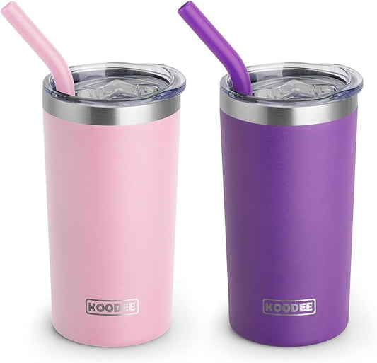koodee 12 oz Tumbler with Lid and Straw-Stainless Steel Double Wall Vacuum Insulated Tumbler Water Cup for Women (Pink-Purple)